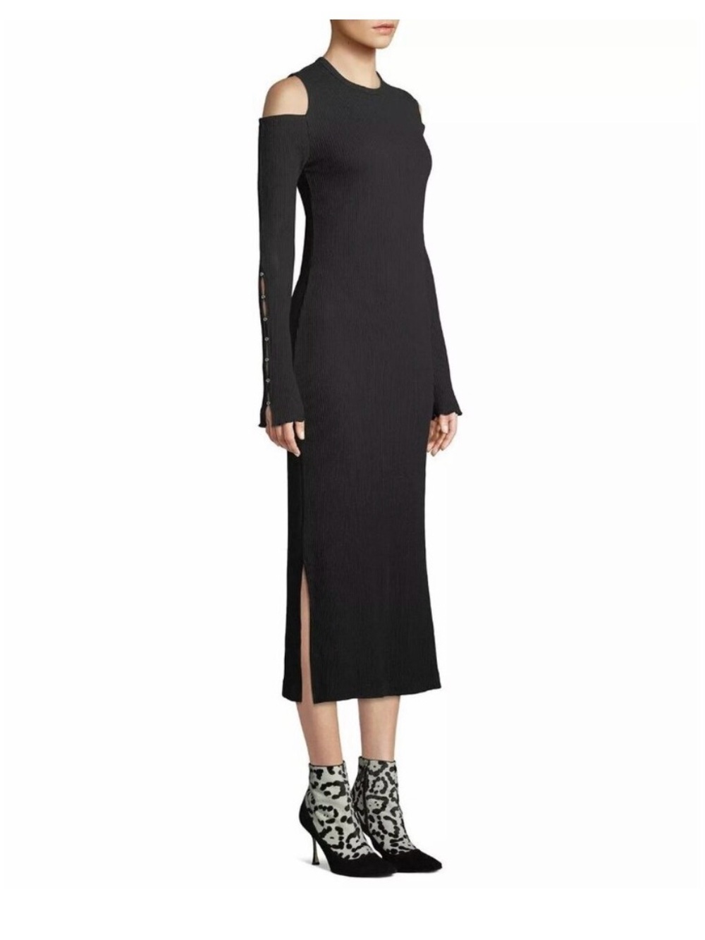 Current/Elliott Black Cold-Shoulder Long-Sleeve Midi Dress